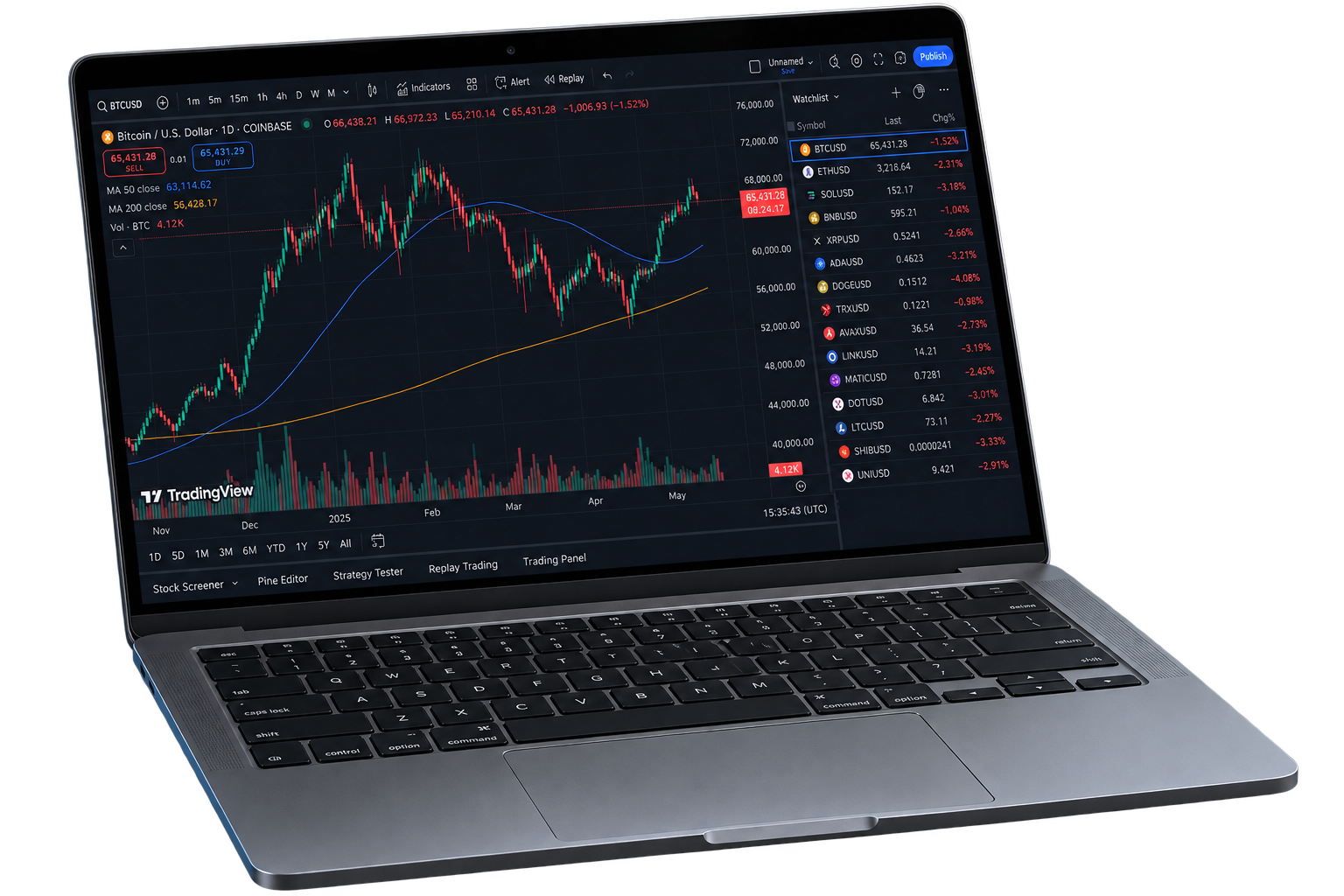 Realistic angled laptop displaying an illustrative TradingView-style Bitcoin candlestick chart and crypto watchlist